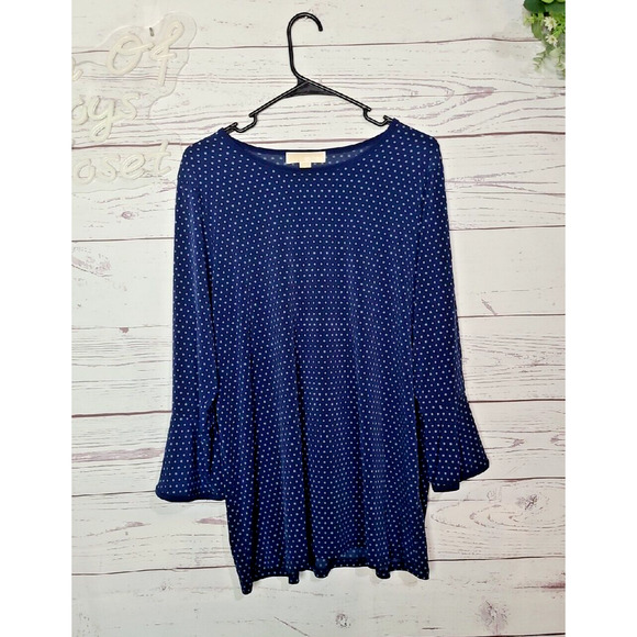 Michael Michael Kors Navy Blue Polka Dot Bell Sleeve Casual Top Womans Size 1X - Picture 2 of 7